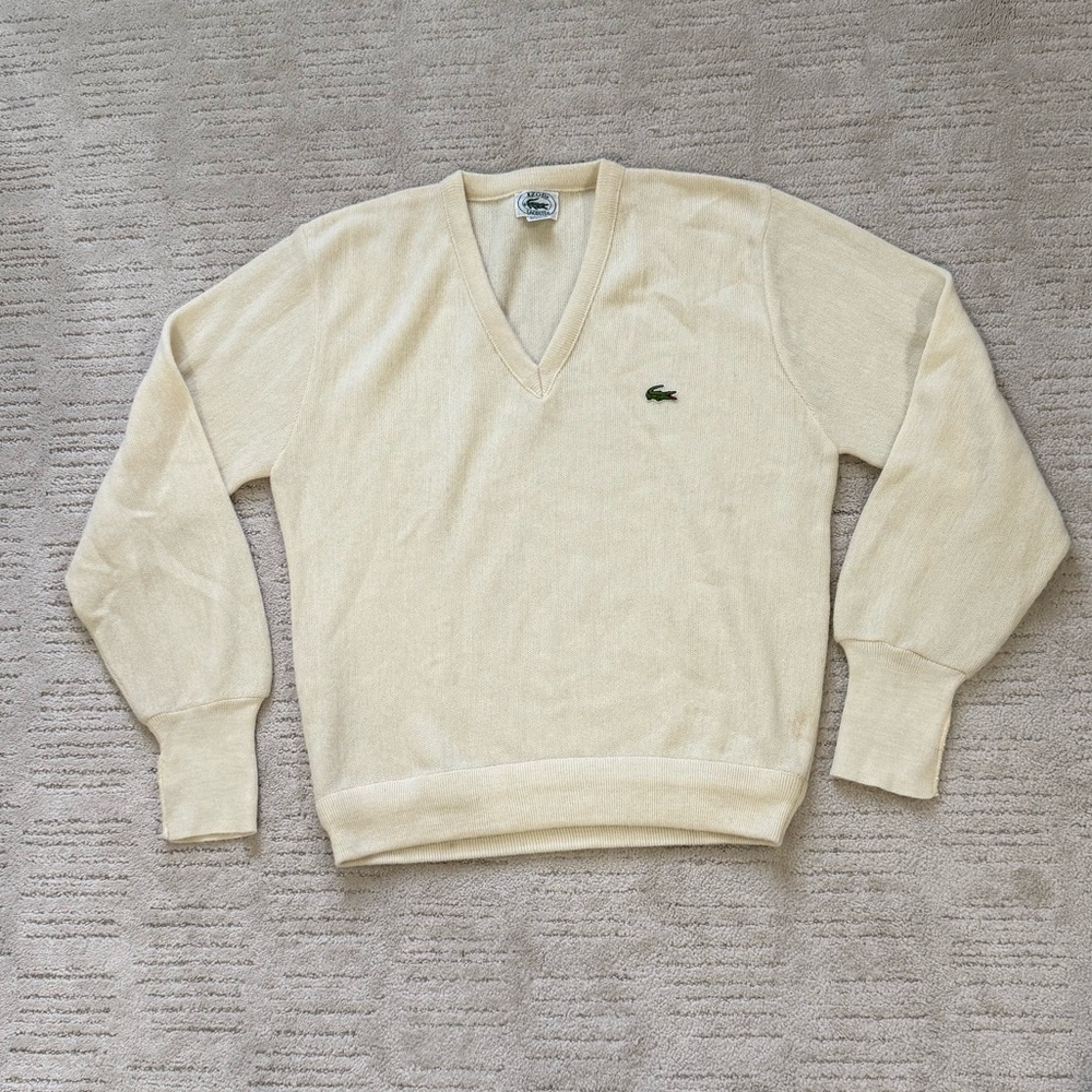 VTG Lacoste Men's V-Neck Sweater in Light Cream with Green Crocodile